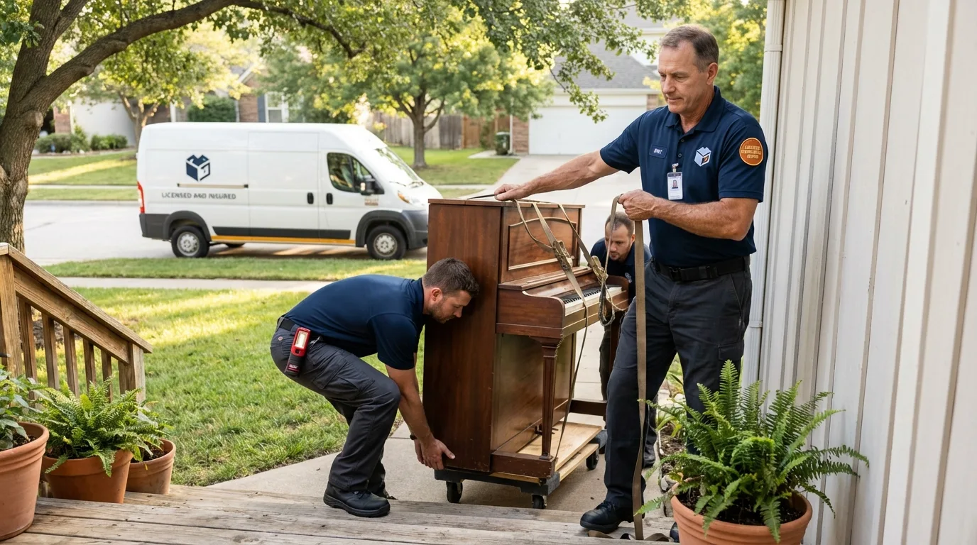 Licensed piano movers securing grand piano in Moose Lake, MN