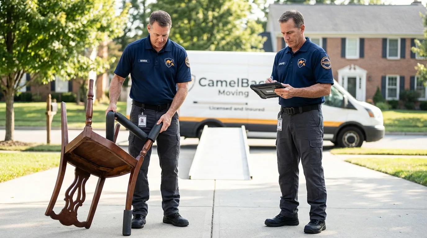 Movers inspecting furniture for damage prevention before loading in Moose Lake, MN