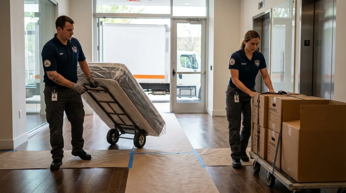 Professional apartment movers loading elevator in Moose Lake, MN